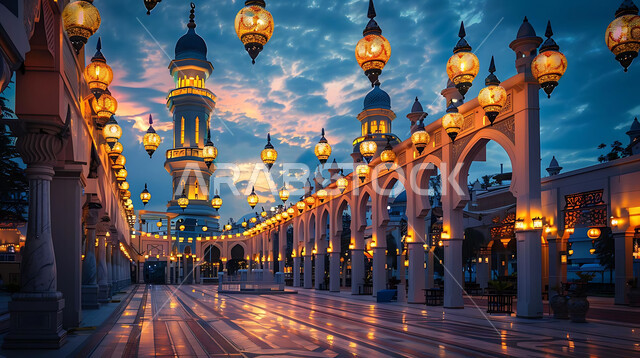 الفن الهندسي المعماري لتصاميم المساجد في المملكة العربية السعودية, زينة وتحف الأعياد والمناسبات الاسلامية, صورة ظلية للمصابيح المعدنية المزخرفة المعلقة في الأجواء الروحانية الرمضانية, سالويت