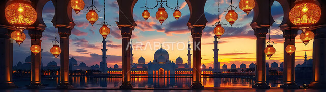 الفن الهندسي المعماري لتصاميم المساجد في المملكة العربية السعودية, زينة وتحف الأعياد والمناسبات الاسلامية, صورة ظلية للمصابيح المعدنية المزخرفة المعلقة في الأجواء الروحانية الرمضانية, سالويت