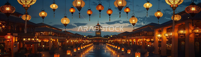 الفن الهندسي المعماري لتصاميم المساجد في المملكة العربية السعودية, زينة وتحف الأعياد والمناسبات الاسلامية, صورة ظلية للمصابيح المعدنية المزخرفة المعلقة في الأجواء الروحانية الرمضانية, سالويت