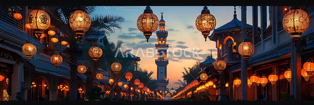 Architectural engineering art for mosque designs in the Kingdom of Saudi Arabia, decorations and antiques for Islamic holidays and occasions, silhouettes of decorative metal lamps hanging in the spiritual atmosphere of Ramadan, Saluit
