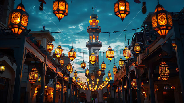 الفن الهندسي المعماري لتصاميم المساجد في المملكة العربية السعودية, زينة وتحف الأعياد والمناسبات الاسلامية, صورة ظلية للمصابيح المعدنية المزخرفة المعلقة في الأجواء الروحانية الرمضانية, سالويت