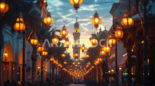 الفن الهندسي المعماري لتصاميم المساجد في المملكة العربية السعودية, زينة وتحف الأعياد والمناسبات الاسلامية, صورة ظلية للمصابيح المعدنية المزخرفة المعلقة في الأجواء الروحانية الرمضانية, سالويت