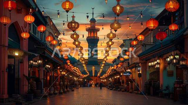 Architectural engineering art for mosque designs in the Kingdom of Saudi Arabia, decorations and antiques for Islamic holidays and occasions, silhouettes of decorative metal lamps hanging in the spiritual atmosphere of Ramadan, Saluit