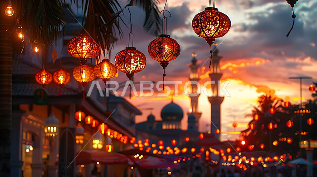 الفن الهندسي المعماري لتصاميم المساجد في المملكة العربية السعودية, زينة وتحف الأعياد والمناسبات الاسلامية, صورة ظلية للمصابيح المعدنية المزخرفة المعلقة في الأجواء الروحانية الرمضانية, سالويت