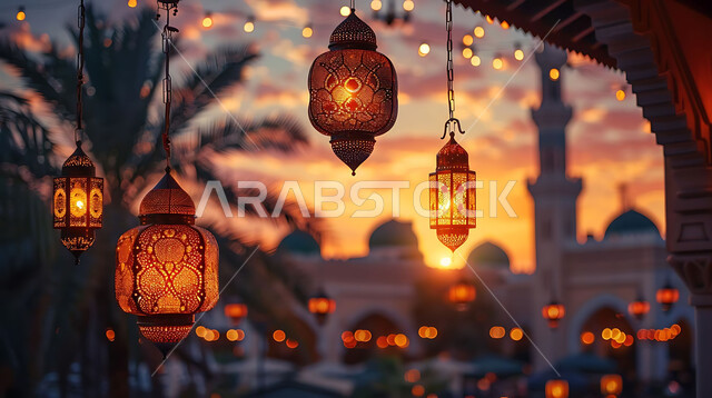 Architectural engineering art for mosque designs in the Kingdom of Saudi Arabia, decorations and antiques for Islamic holidays and occasions, silhouettes of decorative metal lamps hanging in the spiritual atmosphere of Ramadan, Saluit
