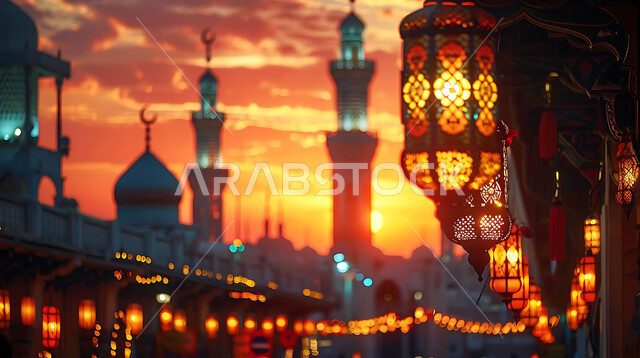 الفن الهندسي المعماري لتصاميم المساجد في المملكة العربية السعودية, زينة وتحف الأعياد والمناسبات الاسلامية, صورة ظلية للمصابيح المعدنية المزخرفة المعلقة في الأجواء الروحانية الرمضانية, سالويت