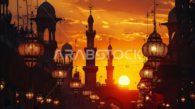 الاحتفال بقدوم شهر رمضان المبارك والتزيين بالمصابيح المضيئة، صورة ظلية لمجموعة من الفوانيس المزخرفة المعلقة في مساجد المملكة العربية السعودية أثناء غروب الشمس، أجواء رمضانية إسلامية روحانية هادئة, زينة الأعياد والمناسبات الدينية, سالويت