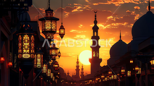 الاحتفال بقدوم شهر رمضان المبارك والتزيين بالمصابيح المضيئة، صورة ظلية لمجموعة من الفوانيس المزخرفة المعلقة في مساجد المملكة العربية السعودية أثناء غروب الشمس، أجواء رمضانية إسلامية روحانية هادئة, زينة الأعياد والمناسبات الدينية, سالويت