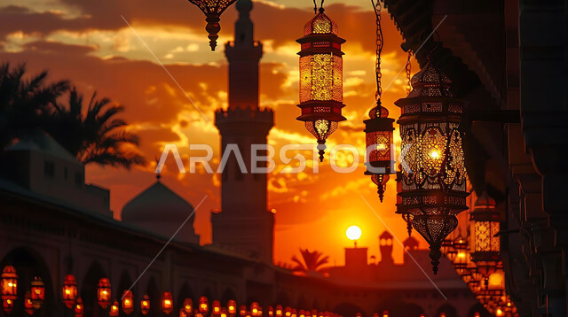 الاحتفال بقدوم شهر رمضان المبارك والتزيين بالمصابيح المضيئة، صورة ظلية لمجموعة من الفوانيس المزخرفة المعلقة في مساجد المملكة العربية السعودية أثناء غروب الشمس، أجواء رمضانية إسلامية روحانية هادئة, زينة الأعياد والمناسبات الدينية, سالويت