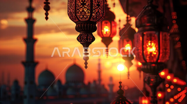 الاحتفال بقدوم شهر رمضان المبارك والتزيين بالمصابيح المضيئة، صورة ظلية لمجموعة من الفوانيس المزخرفة المعلقة في مساجد المملكة العربية السعودية أثناء غروب الشمس، أجواء رمضانية إسلامية روحانية هادئة, زينة الأعياد والمناسبات الدينية, سالويت