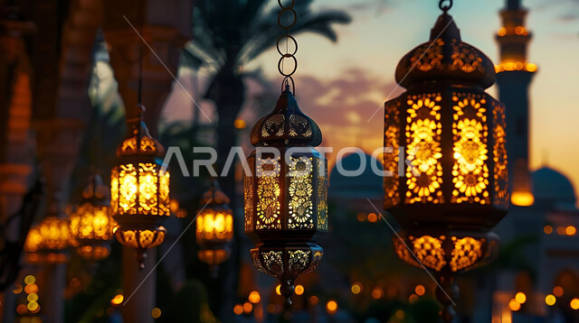 الاحتفال بقدوم شهر رمضان المبارك والتزيين بالمصابيح المضيئة، صورة ظلية لمجموعة من الفوانيس المزخرفة المعلقة في مساجد المملكة العربية السعودية أثناء غروب الشمس، أجواء رمضانية إسلامية روحانية هادئة, زينة الأعياد والمناسبات الدينية, سالويت