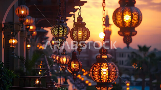 الاحتفال بقدوم شهر رمضان المبارك والتزيين بالمصابيح المضيئة، صورة ظلية لمجموعة من الفوانيس المزخرفة المعلقة في مساجد المملكة العربية السعودية أثناء غروب الشمس، أجواء رمضانية إسلامية روحانية هادئة, زينة الأعياد والمناسبات الدينية, سالويت