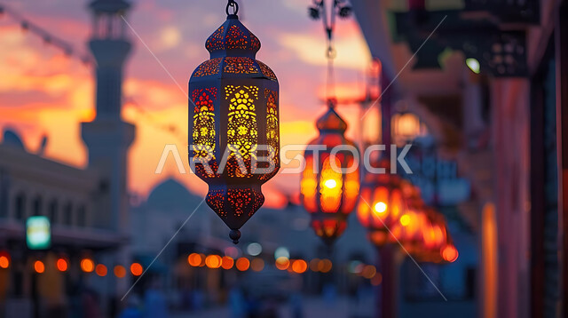 الاحتفال بقدوم شهر رمضان المبارك والتزيين بالمصابيح المضيئة، صورة ظلية لمجموعة من الفوانيس المزخرفة المعلقة في مساجد المملكة العربية السعودية أثناء غروب الشمس، أجواء رمضانية إسلامية روحانية هادئة, زينة الأعياد والمناسبات الدينية, سالويت