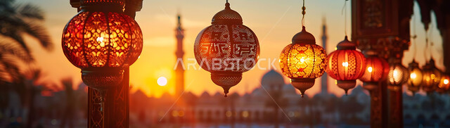 الاحتفال بقدوم شهر رمضان المبارك والتزيين بالمصابيح المضيئة، صورة ظلية لمجموعة من الفوانيس المزخرفة المعلقة في مساجد المملكة العربية السعودية أثناء غروب الشمس، أجواء رمضانية إسلامية روحانية هادئة, زينة الأعياد والمناسبات الدينية, سالويت