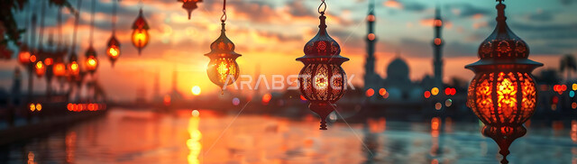 الاحتفال بقدوم شهر رمضان المبارك والتزيين بالمصابيح المضيئة، صورة ظلية لمجموعة من الفوانيس المزخرفة المعلقة في مساجد المملكة العربية السعودية أثناء غروب الشمس، أجواء رمضانية إسلامية روحانية هادئة, زينة الأعياد والمناسبات الدينية, سالويت