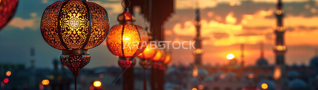 الاحتفال بقدوم شهر رمضان المبارك والتزيين بالمصابيح المضيئة، صورة ظلية لمجموعة من الفوانيس المزخرفة المعلقة في مساجد المملكة العربية السعودية أثناء غروب الشمس، أجواء رمضانية إسلامية روحانية هادئة, زينة الأعياد والمناسبات الدينية, سالويت