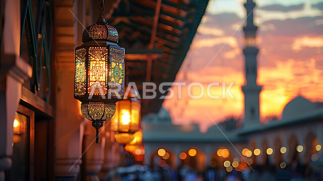 الاحتفال بقدوم شهر رمضان المبارك والتزيين بالمصابيح المضيئة، صورة ظلية لمجموعة من الفوانيس المزخرفة المعلقة في مساجد المملكة العربية السعودية أثناء غروب الشمس، أجواء رمضانية إسلامية روحانية هادئة, زينة الأعياد والمناسبات الدينية, سالويت