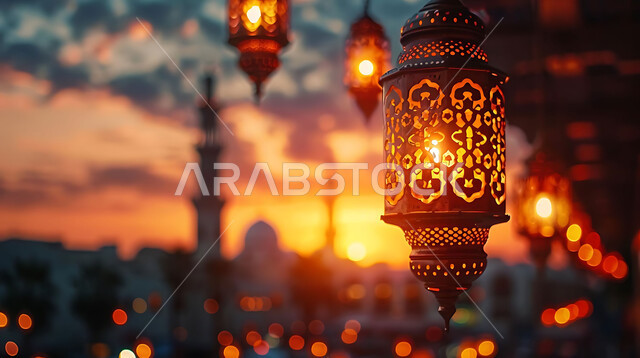الاحتفال بقدوم شهر رمضان المبارك والتزيين بالمصابيح المضيئة، صورة ظلية لمجموعة من الفوانيس المزخرفة المعلقة في مساجد المملكة العربية السعودية أثناء غروب الشمس، أجواء رمضانية إسلامية روحانية هادئة, زينة الأعياد والمناسبات الدينية, سالويت