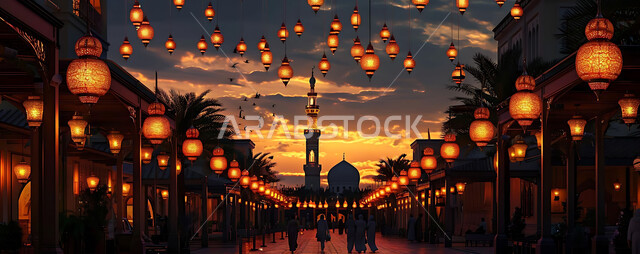 الاحتفال بقدوم شهر رمضان المبارك والتزيين بالمصابيح المضيئة، صورة ظلية لمجموعة من الفوانيس المزخرفة المعلقة في مساجد المملكة العربية السعودية أثناء غروب الشمس، أجواء رمضانية إسلامية روحانية هادئة, زينة الأعياد والمناسبات الدينية, سالويت