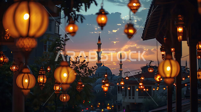 الاحتفال بقدوم شهر رمضان المبارك والتزيين بالمصابيح المضيئة، صورة ظلية لمجموعة من الفوانيس المزخرفة المعلقة في مساجد المملكة العربية السعودية أثناء غروب الشمس، أجواء رمضانية إسلامية روحانية هادئة, زينة الأعياد والمناسبات الدينية, سالويت