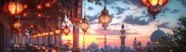 الاحتفال بقدوم شهر رمضان المبارك والتزيين بالمصابيح المضيئة، صورة ظلية لمجموعة من الفوانيس المزخرفة المعلقة في مساجد المملكة العربية السعودية أثناء غروب الشمس، أجواء رمضانية إسلامية روحانية هادئة, زينة الأعياد والمناسبات الدينية, سالويت
