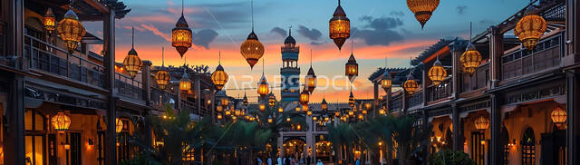 الاحتفال بقدوم شهر رمضان المبارك والتزيين بالمصابيح المضيئة، صورة ظلية لمجموعة من الفوانيس المزخرفة المعلقة في مساجد المملكة العربية السعودية أثناء غروب الشمس، أجواء رمضانية إسلامية روحانية هادئة, زينة الأعياد والمناسبات الدينية, سالويت