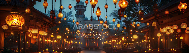 Celebrating the advent of the holy month of Ramadan and decorating with illuminated lamps, a silhouette of a group of decorative lanterns hanging in mosques in the Kingdom of Saudi Arabia during sunset, a peaceful, spiritual, Islamic Ramadan atmosphere, decorations for holidays and religious occasions, Saluit