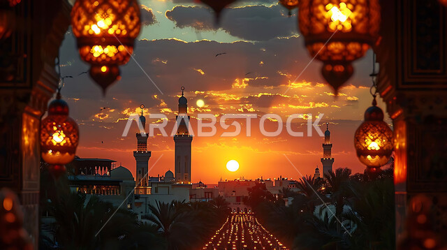 استقبال المسلمين لشهر رمضان المبارك, الاحتفال بالأعياد والمناسبات الدينية, صورة ظلية للمصابيح المعدنية المزخرفة المعلقة في الأجواء الرمضانية الروحانية, زينة واكسسوارات وتحف عربية تقليدية, خلفية المساجد الاسلامية, سالوليت