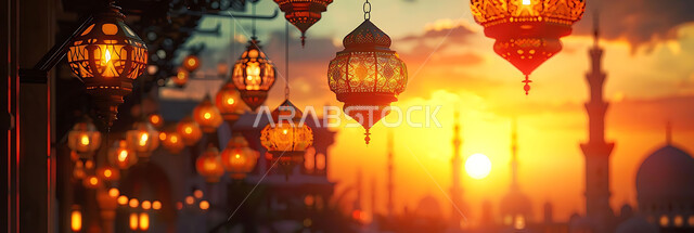 استقبال المسلمين لشهر رمضان المبارك, الاحتفال بالأعياد والمناسبات الدينية, صورة ظلية للمصابيح المعدنية المزخرفة المعلقة في الأجواء الرمضانية الروحانية, زينة واكسسوارات وتحف عربية تقليدية, خلفية المساجد الاسلامية, سالوليت