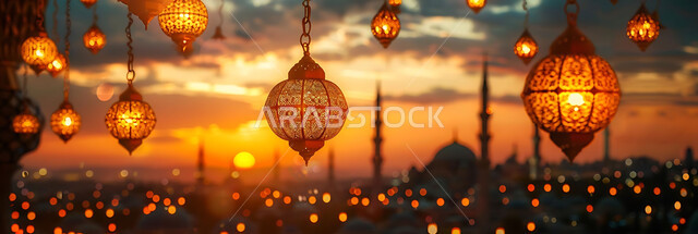 استقبال المسلمين لشهر رمضان المبارك, الاحتفال بالأعياد والمناسبات الدينية, صورة ظلية للمصابيح المعدنية المزخرفة المعلقة في الأجواء الرمضانية الروحانية, زينة واكسسوارات وتحف عربية تقليدية, خلفية المساجد الاسلامية, سالوليت