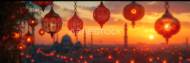 استقبال المسلمين لشهر رمضان المبارك, الاحتفال بالأعياد والمناسبات الدينية, صورة ظلية للمصابيح المعدنية المزخرفة المعلقة في الأجواء الرمضانية الروحانية, زينة واكسسوارات وتحف عربية تقليدية, خلفية المساجد الاسلامية, سالوليت