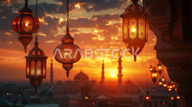 استقبال المسلمين لشهر رمضان المبارك, الاحتفال بالأعياد والمناسبات الدينية, صورة ظلية للمصابيح المعدنية المزخرفة المعلقة في الأجواء الرمضانية الروحانية, زينة واكسسوارات وتحف عربية تقليدية, خلفية المساجد الاسلامية, سالوليت