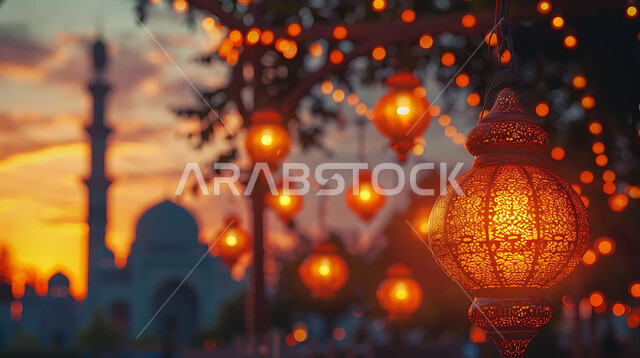 استقبال المسلمين لشهر رمضان المبارك, الاحتفال بالأعياد والمناسبات الدينية, صورة ظلية للمصابيح المعدنية المزخرفة المعلقة في الأجواء الرمضانية الروحانية, زينة واكسسوارات وتحف عربية تقليدية, خلفية المساجد الاسلامية, سالوليت