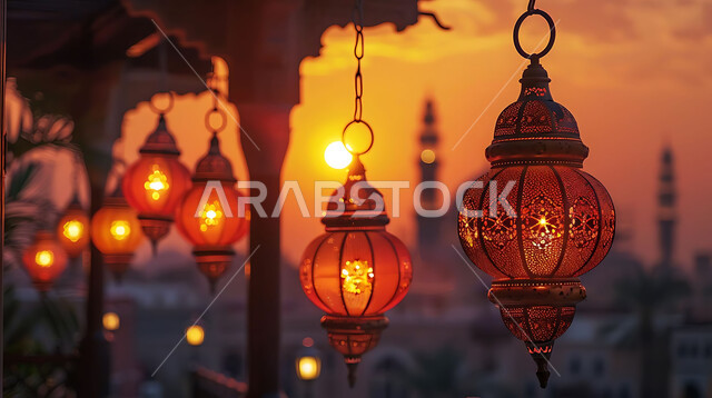 استقبال المسلمين لشهر رمضان المبارك, الاحتفال بالأعياد والمناسبات الدينية, صورة ظلية للمصابيح المعدنية المزخرفة المعلقة في الأجواء الرمضانية الروحانية, زينة واكسسوارات وتحف عربية تقليدية, خلفية المساجد الاسلامية, سالوليت