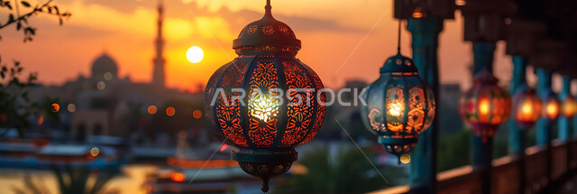 استقبال المسلمين لشهر رمضان المبارك, الاحتفال بالأعياد والمناسبات الدينية, صورة ظلية للمصابيح المعدنية المزخرفة المعلقة في الأجواء الرمضانية الروحانية, زينة واكسسوارات وتحف عربية تقليدية, خلفية المساجد الاسلامية, سالوليت