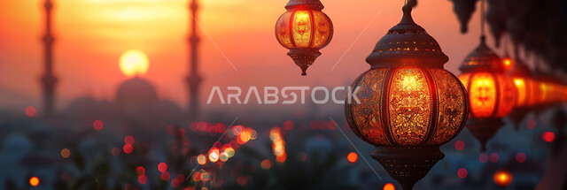 استقبال المسلمين لشهر رمضان المبارك, الاحتفال بالأعياد والمناسبات الدينية, صورة ظلية للمصابيح المعدنية المزخرفة المعلقة في الأجواء الرمضانية الروحانية, زينة واكسسوارات وتحف عربية تقليدية, خلفية المساجد الاسلامية, سالوليت