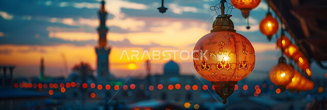 استقبال المسلمين لشهر رمضان المبارك, الاحتفال بالأعياد والمناسبات الدينية, صورة ظلية للمصابيح المعدنية المزخرفة المعلقة في الأجواء الرمضانية الروحانية, زينة واكسسوارات وتحف عربية تقليدية, خلفية المساجد الاسلامية, سالوليت