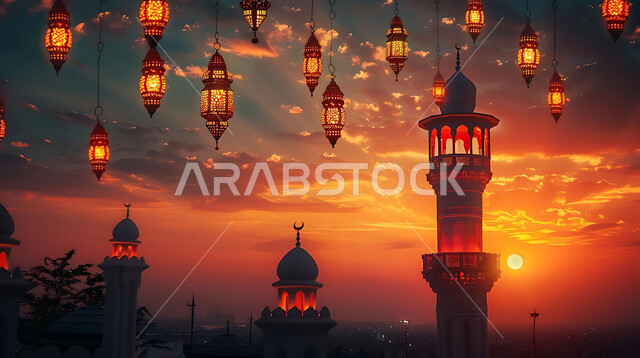 استقبال المسلمين لشهر رمضان المبارك, الاحتفال بالأعياد والمناسبات الدينية, صورة ظلية للمصابيح المعدنية المزخرفة المعلقة في الأجواء الرمضانية الروحانية, زينة واكسسوارات وتحف عربية تقليدية, خلفية المساجد الاسلامية, سالوليت