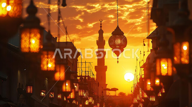 استقبال المسلمين لشهر رمضان المبارك, الاحتفال بالأعياد والمناسبات الدينية, صورة ظلية للمصابيح المعدنية المزخرفة المعلقة في الأجواء الرمضانية الروحانية, زينة واكسسوارات وتحف عربية تقليدية, خلفية المساجد الاسلامية, سالوليت