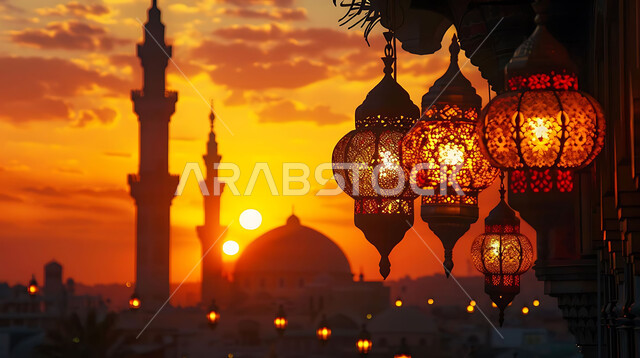 استقبال المسلمين لشهر رمضان المبارك, الاحتفال بالأعياد والمناسبات الدينية, صورة ظلية للمصابيح المعدنية المزخرفة المعلقة في الأجواء الرمضانية الروحانية, زينة واكسسوارات وتحف عربية تقليدية, خلفية المساجد الاسلامية, سالوليت
