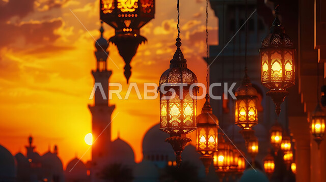 استقبال المسلمين لشهر رمضان المبارك, الاحتفال بالأعياد والمناسبات الدينية, صورة ظلية للمصابيح المعدنية المزخرفة المعلقة في الأجواء الرمضانية الروحانية, زينة واكسسوارات وتحف عربية تقليدية, خلفية المساجد الاسلامية, سالوليت