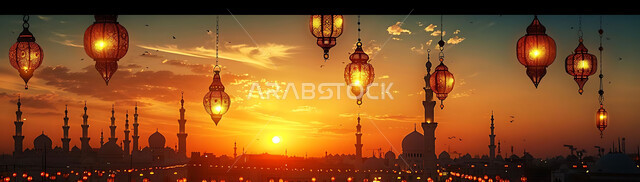 استقبال المسلمين لشهر رمضان المبارك, الاحتفال بالأعياد والمناسبات الدينية, صورة ظلية للمصابيح المعدنية المزخرفة المعلقة في الأجواء الرمضانية الروحانية, زينة واكسسوارات وتحف عربية تقليدية, خلفية المساجد الاسلامية, سالوليت