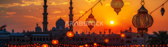 استقبال المسلمين لشهر رمضان المبارك, الاحتفال بالأعياد والمناسبات الدينية, صورة ظلية للمصابيح المعدنية المزخرفة المعلقة في الأجواء الرمضانية الروحانية, زينة واكسسوارات وتحف عربية تقليدية, خلفية المساجد الاسلامية, سالوليت