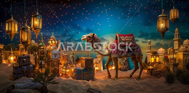 وأضواء وأنوار وفوانيس وزينة الأعياد السعيدة، رسومات توضيحية ثلاثية الابعاد لحيوان الجمل، أضحية وقربان عيد الاضحى المبارك، الاحتفال بالمناسبات الدينيه الإسلاميه، تربية ورعاية الإبل والحيوانات في السعودية