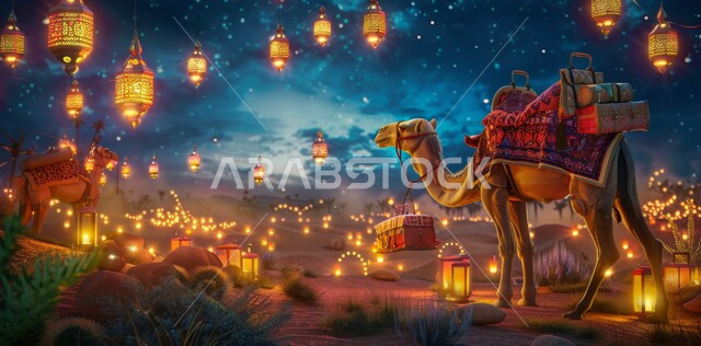 فوانيس وزينة وأضواء وأنوار الأعياد السعيدة، رسومات توضيحية ثلاثية الابعاد لحيوان الجمل، أضحية وقربان عيد الاضحى المبارك، الاحتفال بالمناسبات الدينيه الإسلاميه، تربية ورعاية الإبل والحيوانات في السعودية