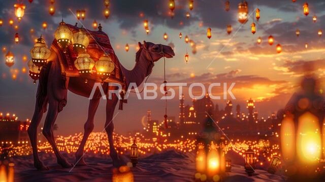 زينة وفوانيس وأضواء وأنوار الأعياد السعيدة، رسومات توضيحية ثلاثية الابعاد لحيوان الجمل، أضحية وقربان عيد الاضحى المبارك، الاحتفال بالمناسبات الدينيه الإسلاميه، تربية ورعاية الإبل والحيوانات في السعودية