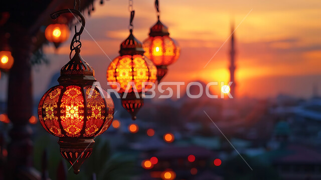 أجواء روحانية دينية, المناسبات والأعياد السعيدة في المملكة العربية السعودية, احتفال المسلمين بقدوم شهر الخير, زينة وأكسسورات وتحف معدنية معلقة ومضيئة, صورة ظلية للمصابيح المتوهجة أثناء غروب الشمس, خلفية المساجد الاسلامية، سيلوليت