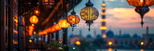 أجواء روحانية دينية, المناسبات والأعياد السعيدة في المملكة العربية السعودية, احتفال المسلمين بقدوم شهر الخير, زينة وأكسسورات وتحف معدنية معلقة ومضيئة, صورة ظلية للمصابيح المتوهجة أثناء غروب الشمس, خلفية المساجد الاسلامية، سيلوليت