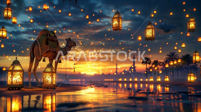 رسومات توضيحية ثلاثية الابعاد لحيوان الجمل، زينة وفوانيس وأضواء وأنوار الأعياد السعيدة، أضحية وقربان عيد الاضحى المبارك، الاحتفال بالمناسبات الدينيه الإسلاميه، تربية ورعاية الإبل والحيوانات في السعودية