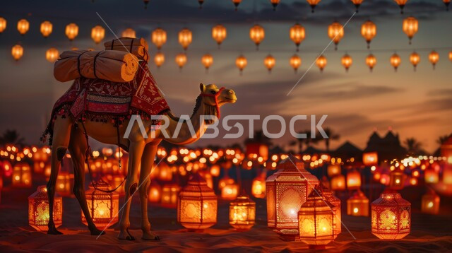 أضحية وقربان عيد الاضحى المبارك، رسومات توضيحية ثلاثية الابعاد لحيوان الجمل، زينة وفوانيس وأضواء وأنوار الأعياد السعيدة، الاحتفال بالمناسبات الدينيه الإسلاميه، تربية ورعاية الإبل والحيوانات في السعودية